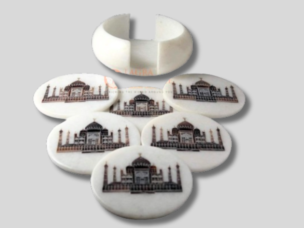 White Round Marble Coaster Set Taj Mahal Floral Gifts Decor